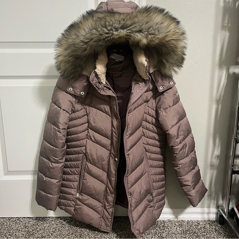 NWOT Laundry By Shelli Segal Mauve Fur-Trimmed Puffer Coat Size!